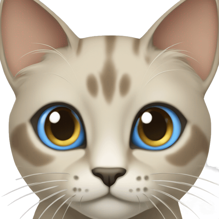 Thai breed cat with a light cream-brown body, dark gray face, ears, and paws. Short fur, sharp ears, and striking light blue eyes with an intense gaze. emoji