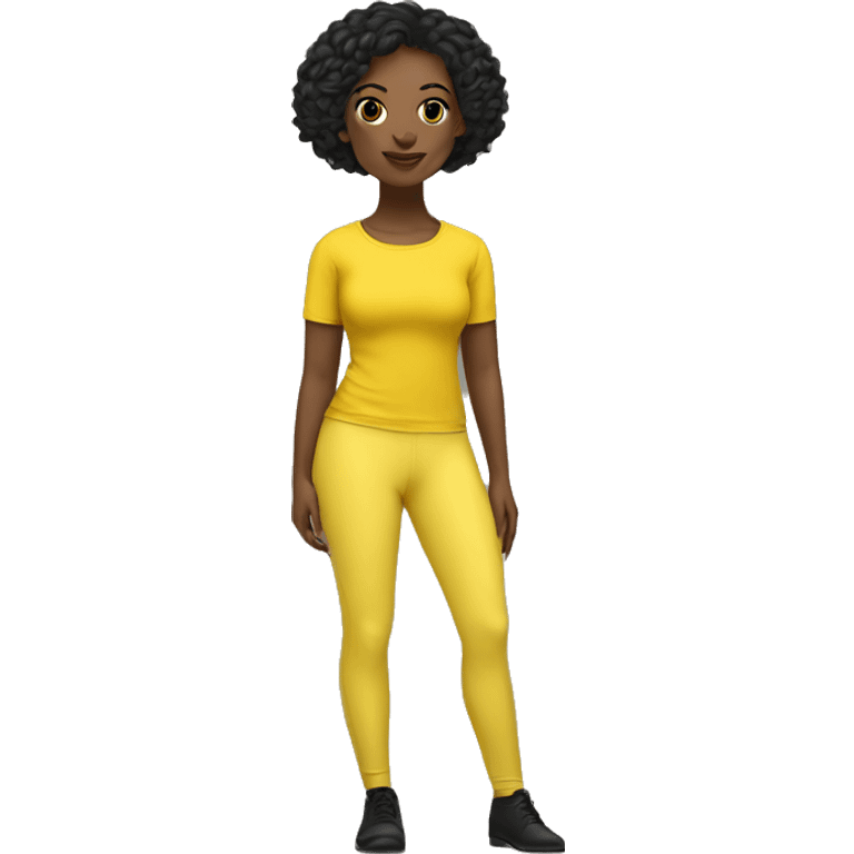 black woman posing with a yellow top and yellow flared leggings with short black hair  emoji