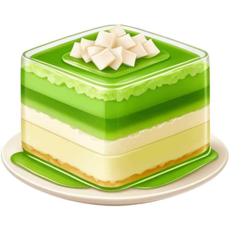 Coconut Pandan Jelly Cinematic Realistic Coconut Pandan Jelly Dessert Emoji, depicted as a layered jelly with distinct strata of coconut and pandan flavors, rendered with delicate textures and vibrant, tropical lighting. emoji