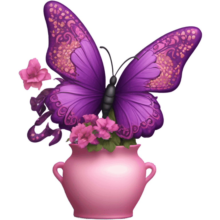 Aesthetic butterfly with purple and pink wings sitting on a dark purple bouquet of Brats in a pastel pink vase  emoji