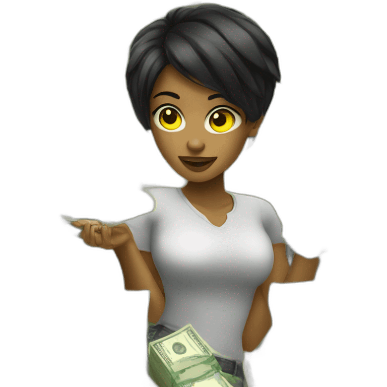 black short hair girl with yellow eye thruoing money emoji