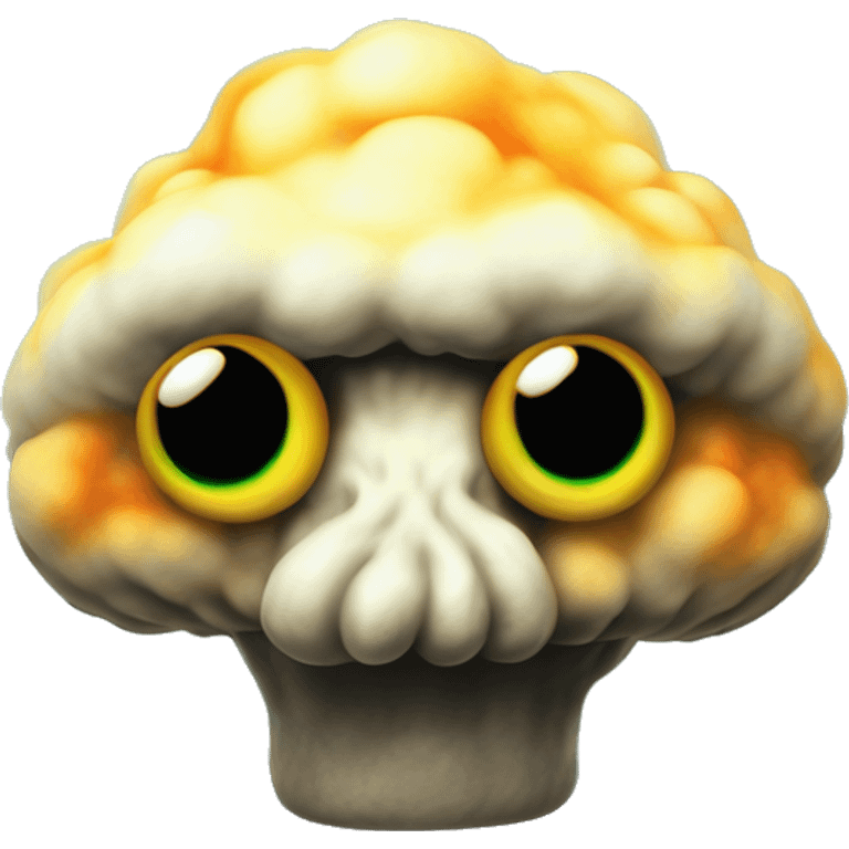 nuclear glow in the dark plushie mushroom cloud in Uncle Scrooge style, oil paint, mysterious eyes, intricate lips, masterpiece pose, odd perspective, beautiful, desirable, logical emoji