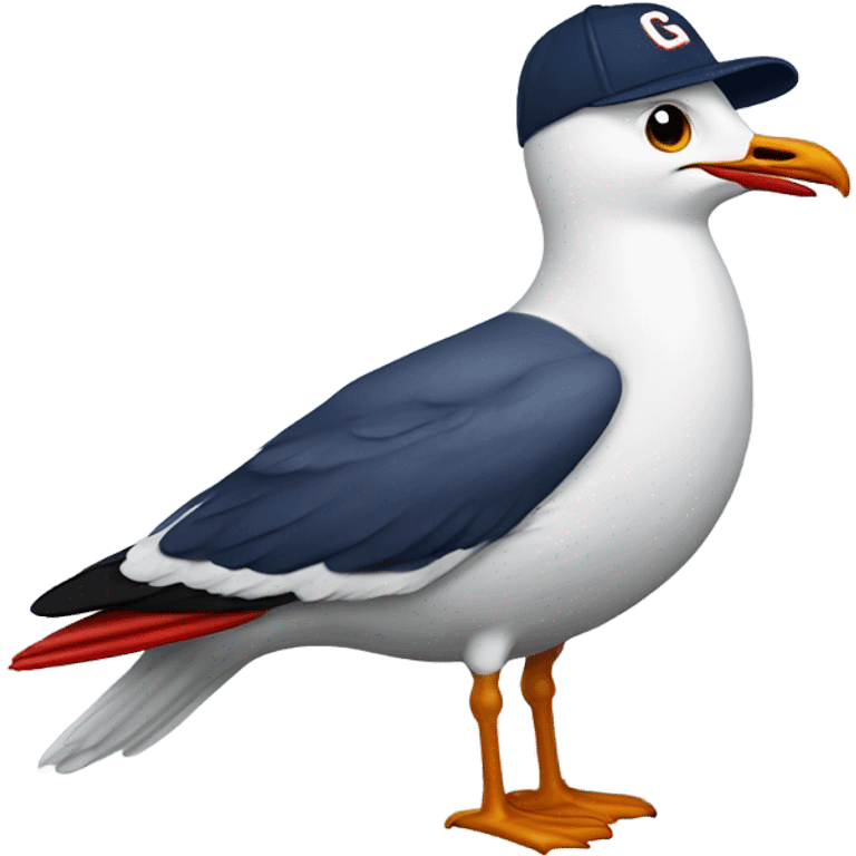 Seagull with wearing navy color baseball cap emblazoned with a red G initial emoji