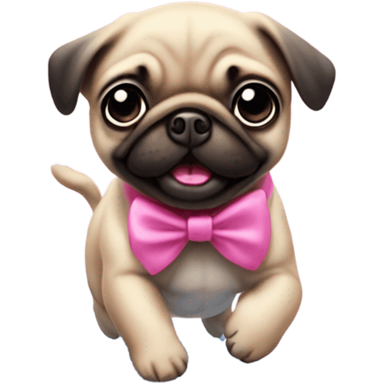 Baby pug with big pink
eyes wearing a pink bow above 1 ear jumping in a puddle  emoji