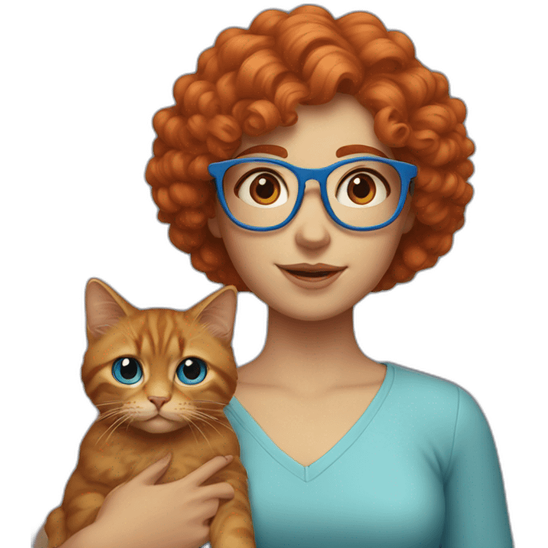 a girl with curly red hair and blue glasses with a cat in her arms emoji