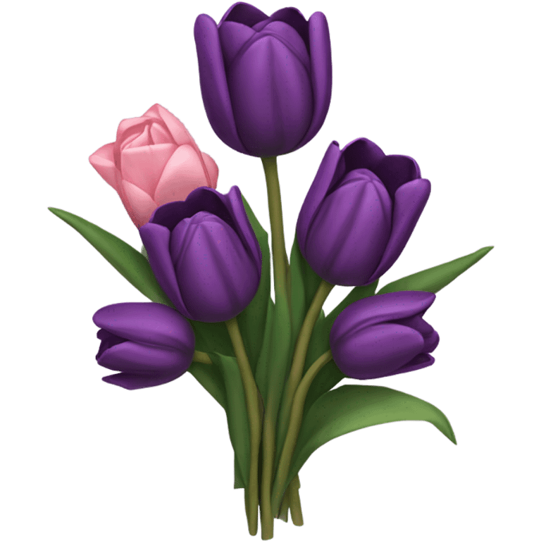 a beautiful aesthetic bouquet composed of dark purple and light pink tulips and dark purple roses tied with a silk purple ribbon emoji