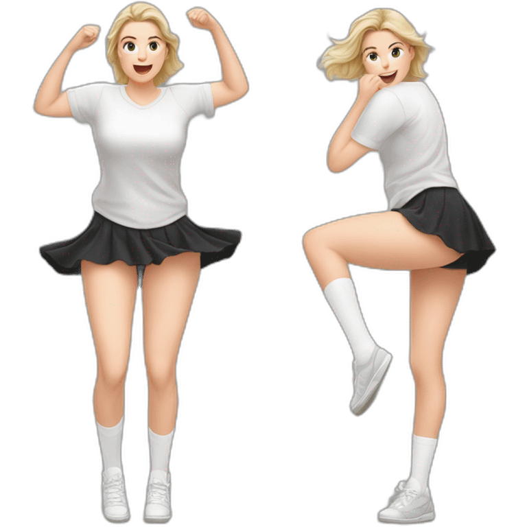 realistic full body caucasian curvy beauty jumping short black skirt back and front views strong wind white knickers long white socks emoji