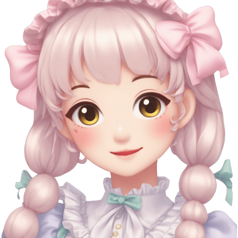 Gorgeous anime style lady blushing face maid outfit Lolita idol model colorful shiny sparkle kawaii pastelcore cottagecore pearly petite simplistic aesthetic trending style emoji