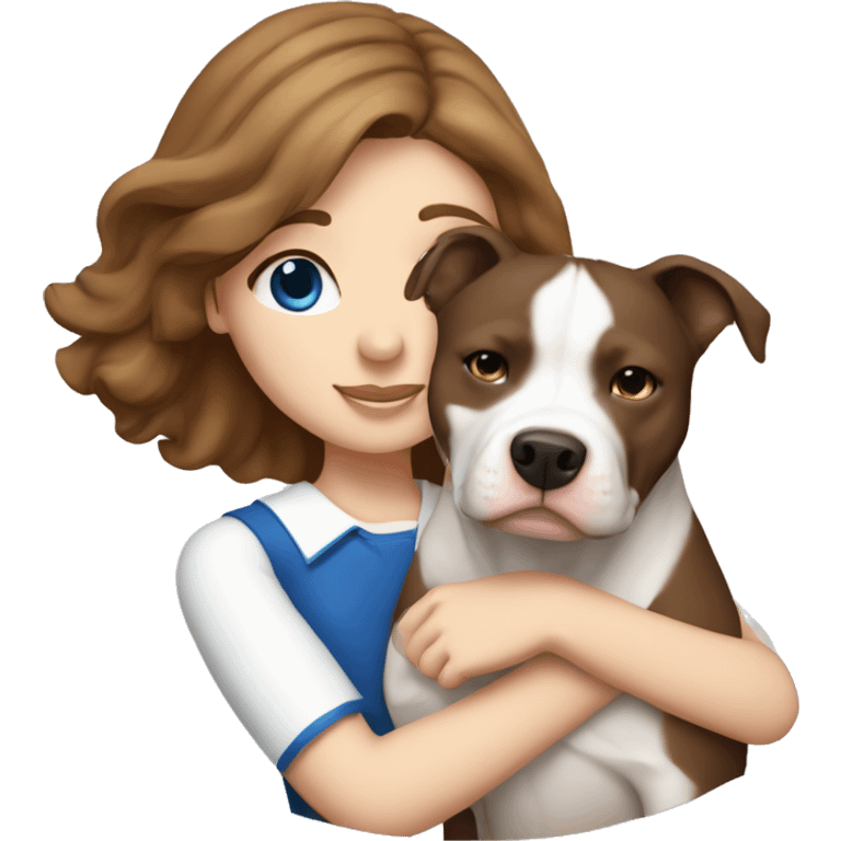 One fair brown haired girl with dark blue eyes hugging white pitbull emoji