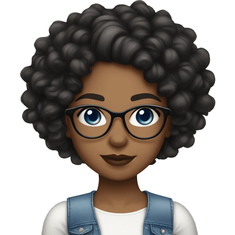 Black curly Hair girl with a white crop top on and blue eyes with natural lashes and glasses with lip gloss on her lips lightskin looking forward. emoji