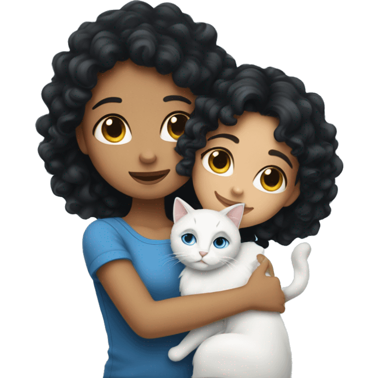 A black-haired girl with curly hair hugging a blue-eyed white cat emoji