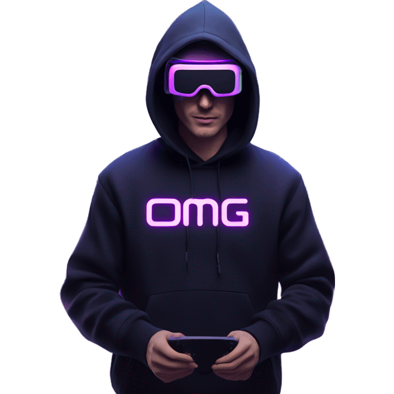 Russian man wearing a black hoodie with "OMG" letters on it and VR headset in a cyberpunk VR environment with violet neon lighting. emoji