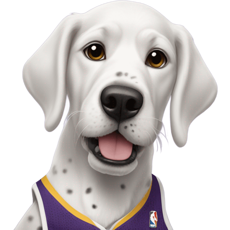 White dog with black bit spots wearing a lakers jersey emoji