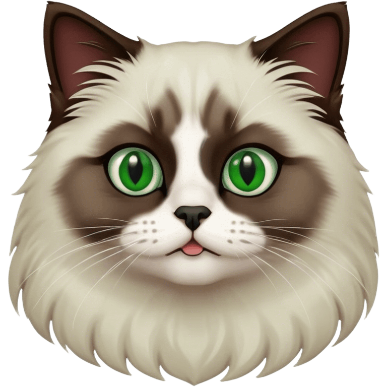 Dark Brown ragdoll cat with a white chest and green eyes and a black nose and mouth emoji