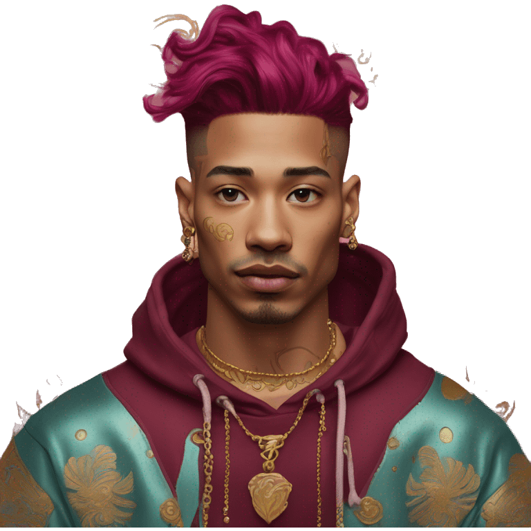 Vintage patina intricate swirls gold jewellery baroque golden raven tropical Deep pink maroon burgundy cyan dark hoodie man vitiligo dyed hair gold piercings nose piercing ear piercings emoji