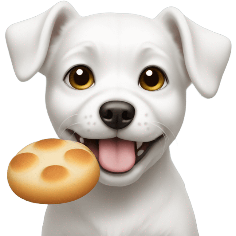 little white dog with a small round bread in its mouth emoji