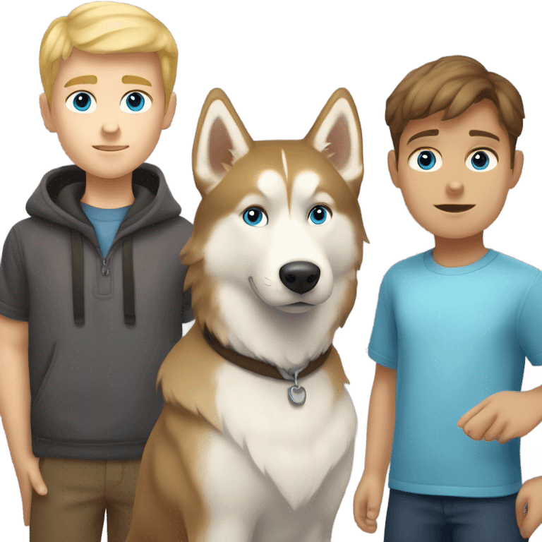 Brown hair boy, blond hair boy and a one golden Husky with blue eyes famille emoji