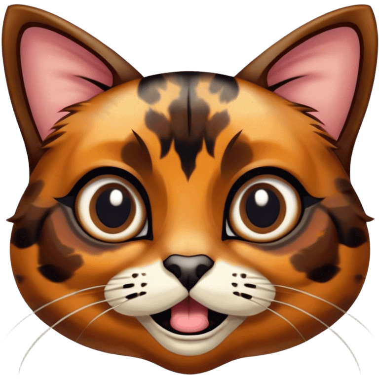 Cinematic Comical Tortoiseshell Cat Portrait Emoji, Head cocked dramatically with an over-the-top shocked expression, featuring a rich mottled fur of browns and blacks and wide, comically animated eyes full of playful disbelief, simplified yet hilariously detailed, glowing with a bold, sassy radiance, high shine, exuding a mischievous and spirited charm, styled with a soft glowing outline, capturing the essence of a tortoiseshell cat that appears ready to burst into comical antics! emoji