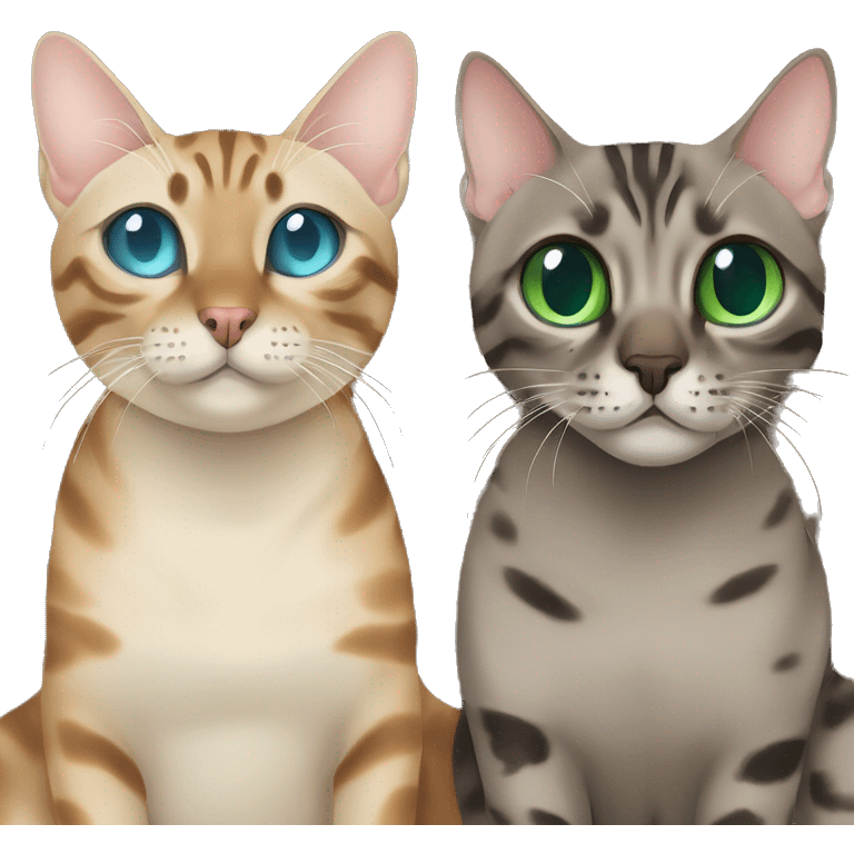 Seal Bengal cat with Blue eyes + charcoal Sepia bengal cat with Green eyes sit Next to each other  emoji