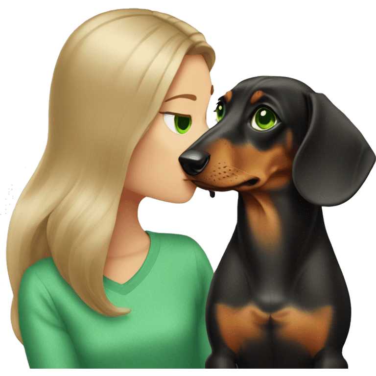 Dachshund  and dark blond girl with green eyes kissing dog emoji