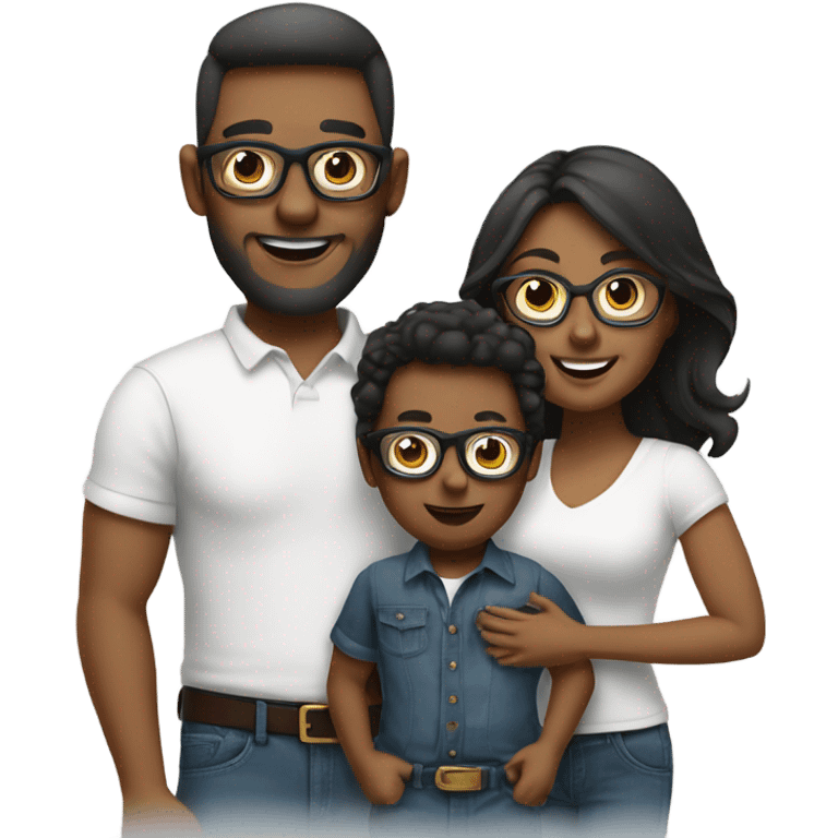 A family of three. Mom dad and toddler son all wearing glasses and jeans with white shirt emoji