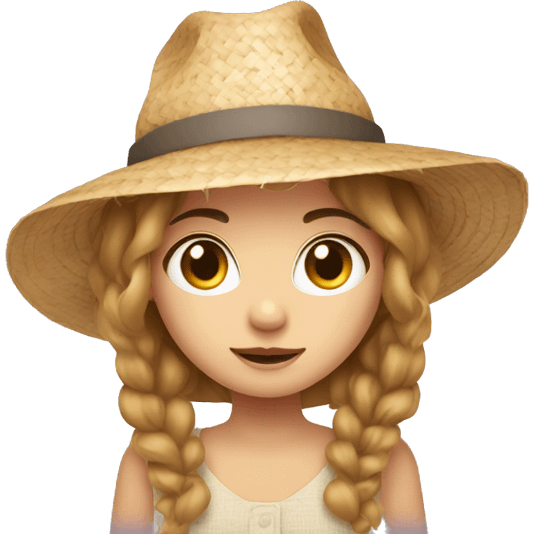 Girl with grey eyes and light brown hair wearing a huge straw hat emoji