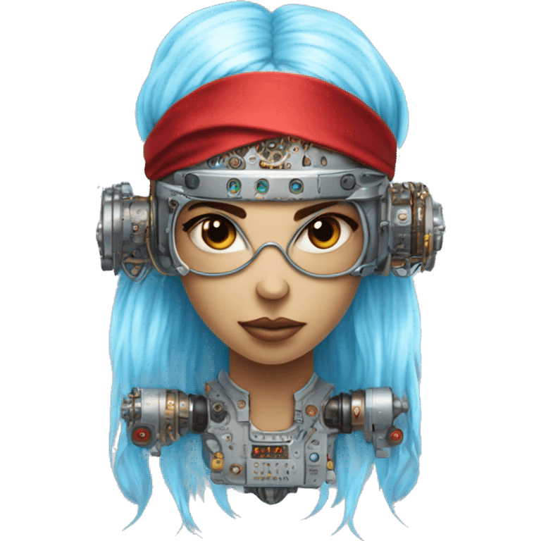 Light blue long hair female cyborg head with red steampunk headband goggles and circuits emoji