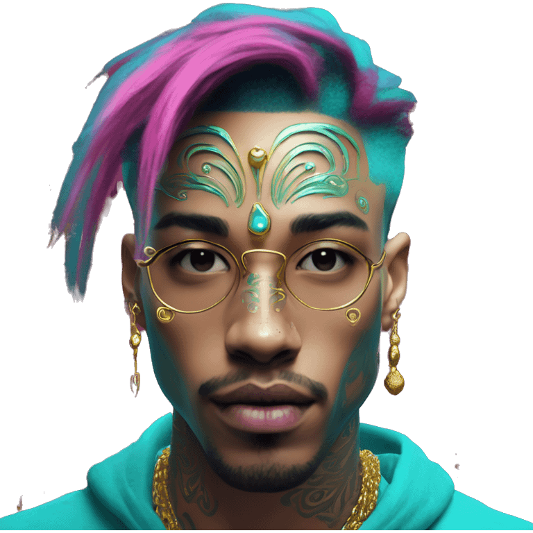 Vintage patina intricate swirls gold jewellery baroque golden raven tropical Deep pink maroon burgundy cyan dark hoodie man vitiligo dyed hair gold piercings nose piercing ear piercings emoji