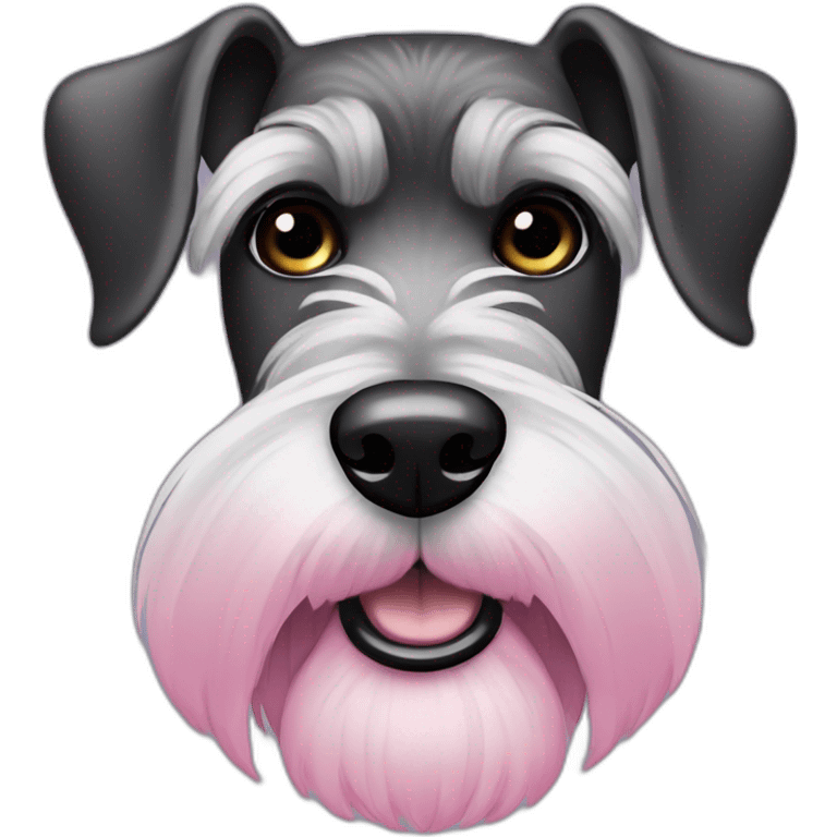 female black-silver schnauzer with long eyelashes and beard, pink collar and long eyebrows emoji