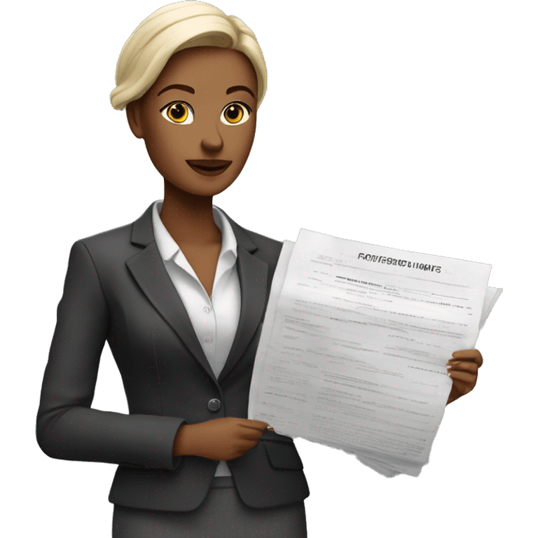 A stylish woman dressed in business attire, confidently holding a small model of a house or a real estate contract. She has a self-assured expression. emoji