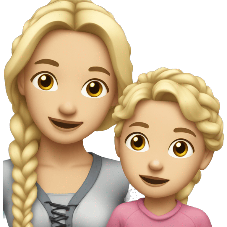 An emoji of a blonde mother with long hair, standing next to her 3-year-old daughter with black braided hair, both smiling emoji