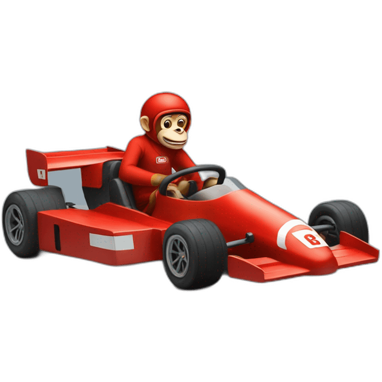 Monkey in a F1 red car with a man running after him emoji