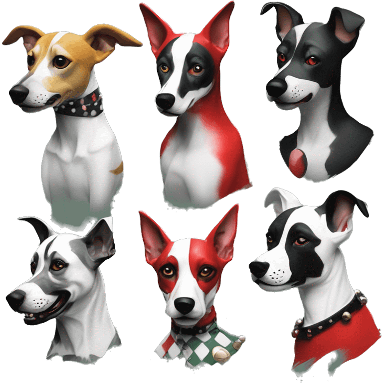 Punk dog Green gray black red punk dog joker as a dog Harley Quinn as a dog mime clown harlequin facepaint tattoos punk lurcher surrealism  emoji