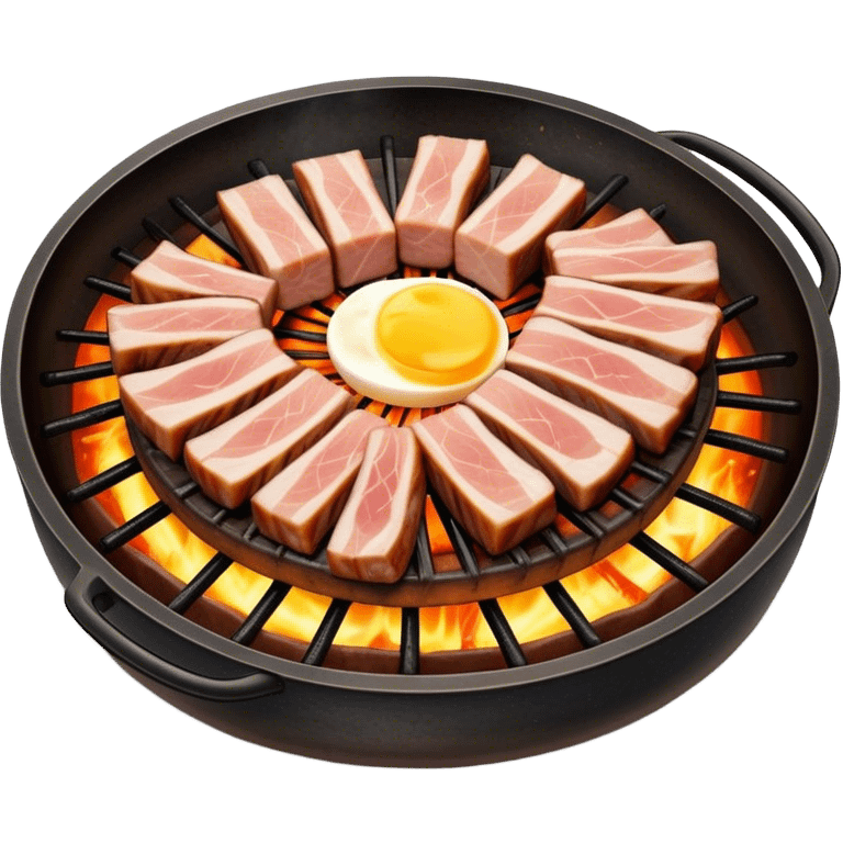 Cinematic Realistic Samgyeopsal Dish Emoji, depicted with sizzling, thick slices of pork belly grilled to perfection rendered with rich textures and warm, inviting lighting. emoji