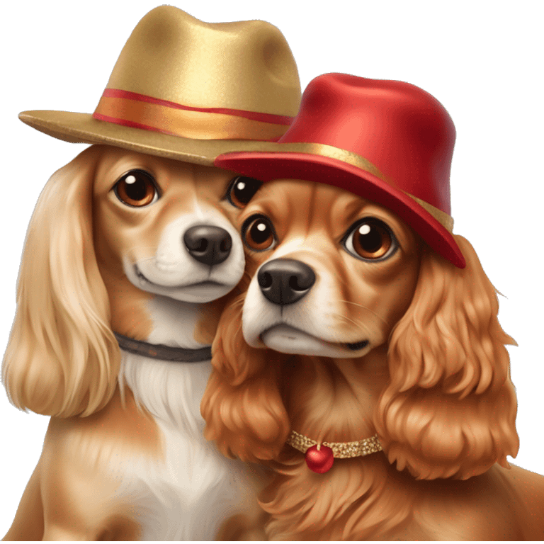 Two dogs hugging each other full-length. One is a long-haired beige Chihuahua with red strands and protruding ears. The second is a red cocker spaniel. They are both wearing New Year's hats, the cocker is bigger than the Chihuahua. emoji