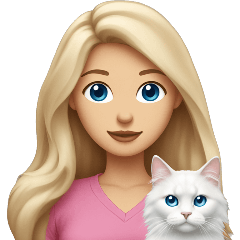 woman with long brown hair and pink shirt and holding a all white Siberian cat with blue eyes emoji