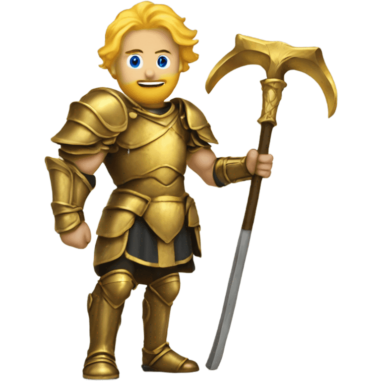 Man with golden hair and golden armor holding a scythe emoji