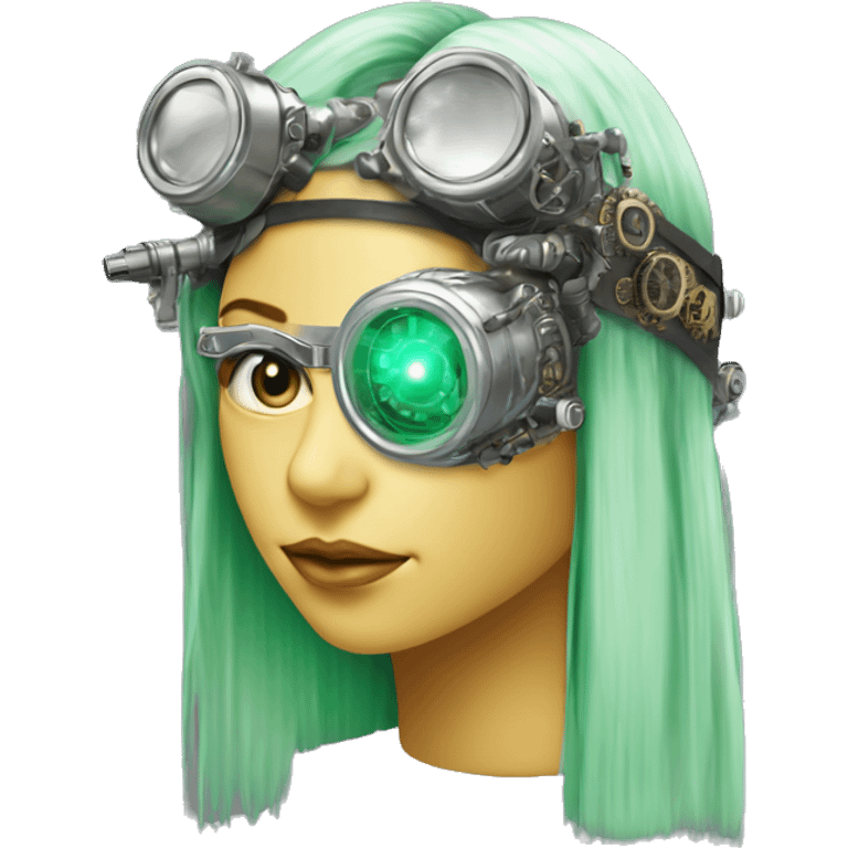 Light green long hair female cyborg head with silver steampunk goggles as a headband, circuits emoji