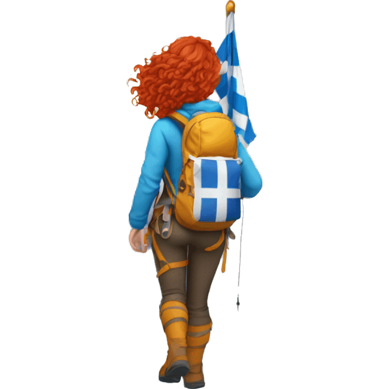 Female winter mountain climber red wavy hair climbing with Greek flag on backpack and holding Easter eggs basket emoji