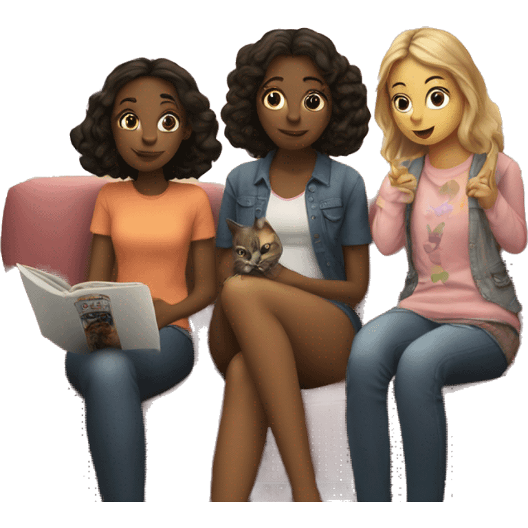 Two girls and a cat watching a movie in a house in Paris emoji