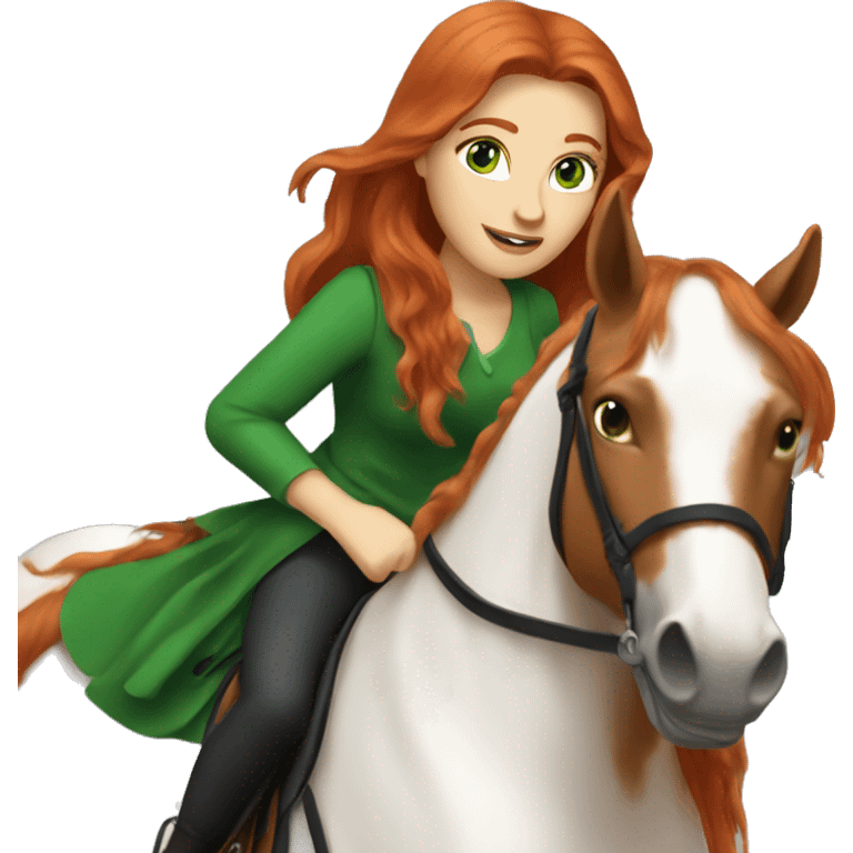 long-haired redhead woman with green eyes, on a horse back riding emoji