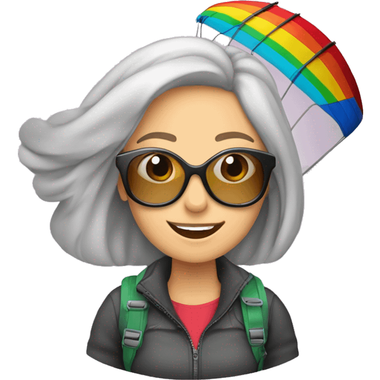 Mujer de gafas y pelo largo volando en parapente de colores  emoji