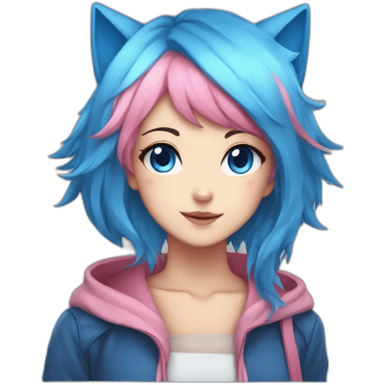 anime girl, fox ears, blue eye, blue hair, pink hair emoji