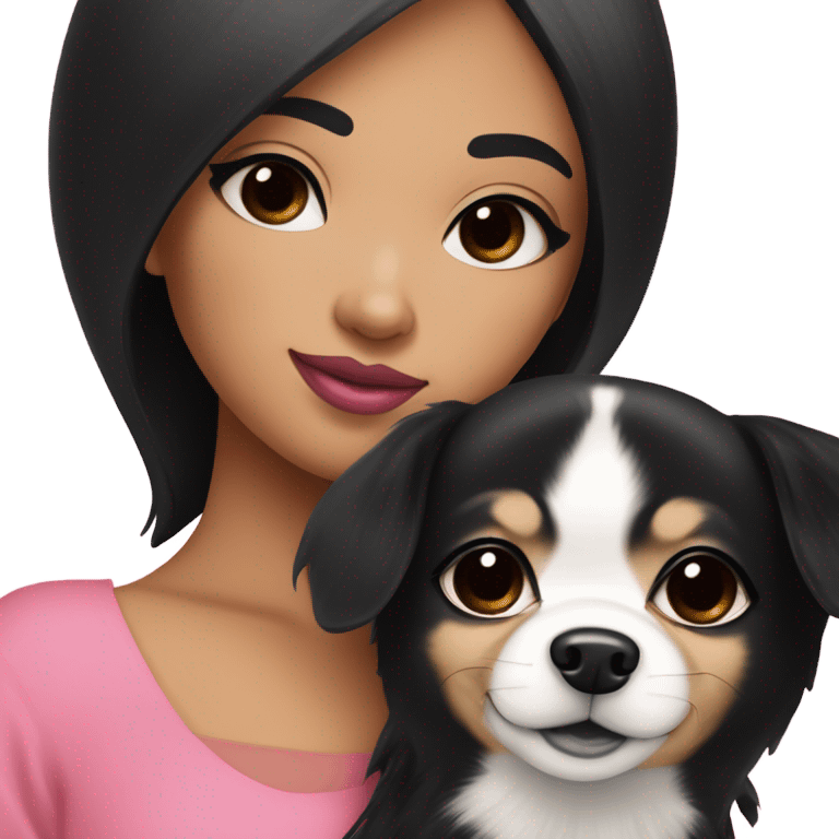 Thick medium black hair with black eyes and pink lip and pink cheek Filipino lady hugging black and white Chihuahua  emoji