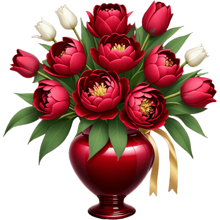 "An exquisite floral arrangement in a deep red glass vase, filled with velvety red peonies, classic roses, and striking tulips, accompanied by silky pearl-colored ribbons that drape gently over the surface." emoji