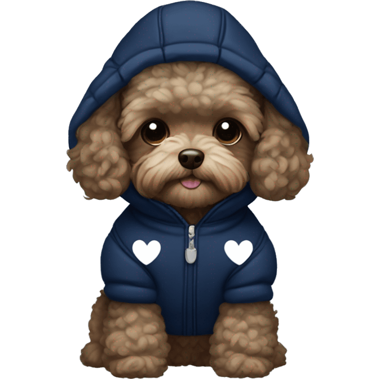 Dark Brown maltipoo wearing navy blue puffer jacket with a hood with little white hearts pattern emoji