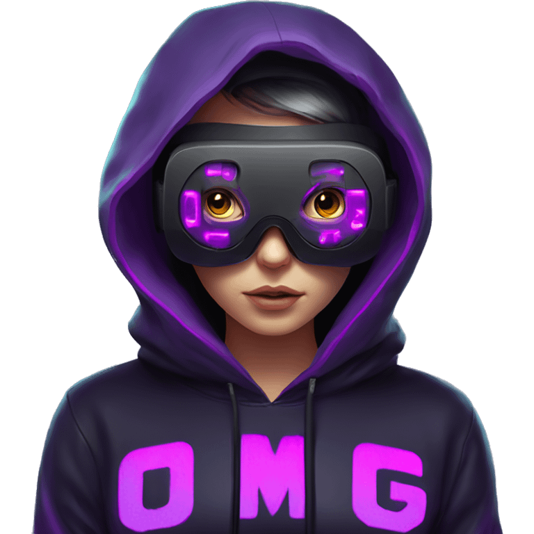 Russian girl wearing black hoody with violet letters "OMG", in vr headset. Cyberpunk style. Violet neon. emoji