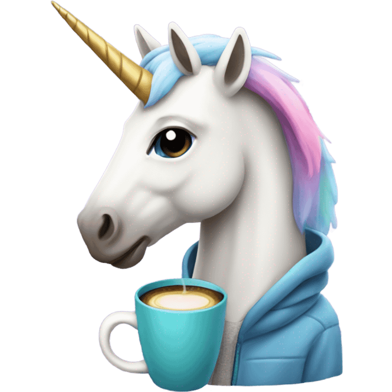 Unicorn with hoodie and coffee emoji