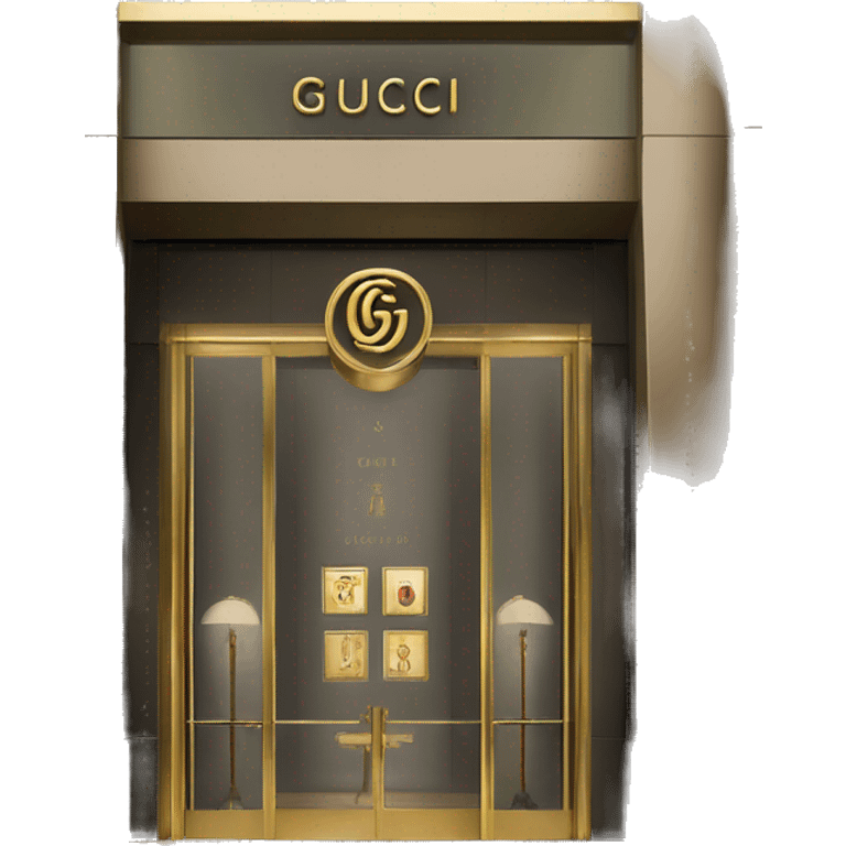 “Gucci store exterior with gold logo above entrance, large glass windows displaying luxury fashion, and elegant double doors.” emoji