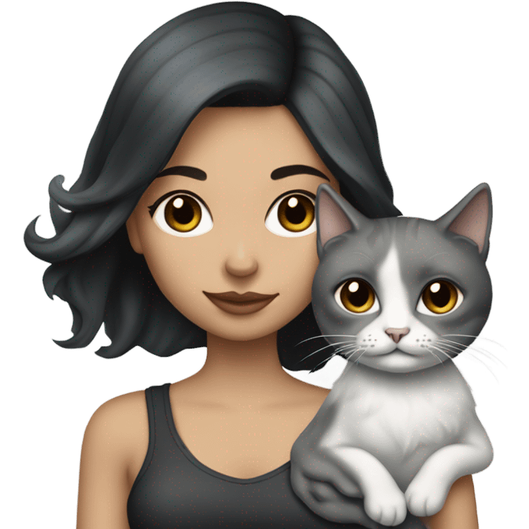 Beautiful dark haired tattooed woman holding gray and white long hair cat emoji